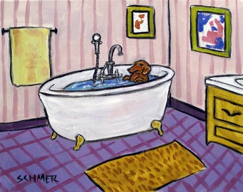 dachhsund taking a bath dog art print on paper
