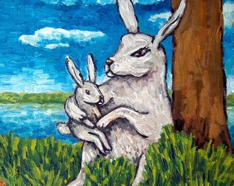 bunny mother and child art tile coaster giftt