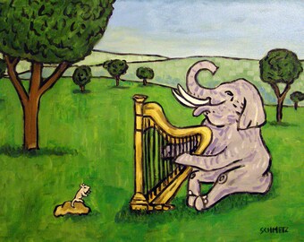 Elephant entertaining a mouse playing a harp animal art print on ready to hang gallery wrap canvas