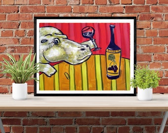 hippo at the wine bar animal art print on ready to hang stretched canvas - multiple sizes available