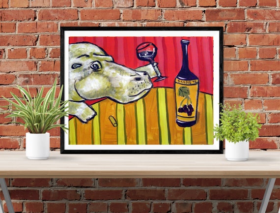 hippo at the wine bar animal art print on matte or glossy paper - multiple sizes available