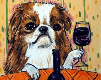 Japanese Chin at the Wine Bar Dog Art coaster tile Gift
