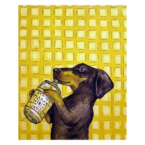dachshund drinking water dog art print on canvas with either .75 or 15 stretcher bars