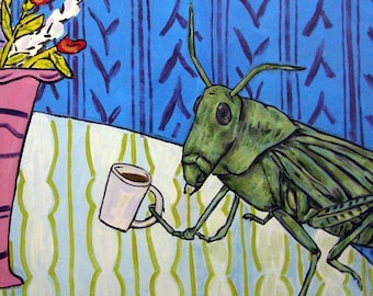 Grasshopper at the Coffee Shop Insect art tile coaster
