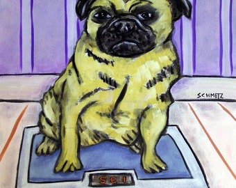 Pug on a scale dog art tile coaster