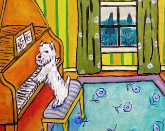 west highland white terrier dog, piano dgo, dog coaster tile, ceramic dog art, modern dog, abstract westie piano art, piano coaster