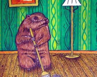 Woodchuck Sweeping - Animal lover Art - coaster tile - gift