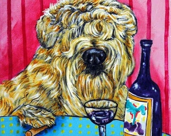 Soft Coated Wheaten Terrier at the Wine Bar Dog Art coaster tile - multiple sizes available