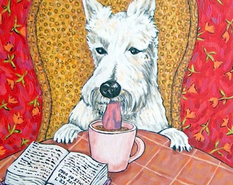 wheaten Scottish Terrier at the Coffee Shop Dog Art Print on ready to hang stretched canvas - home decor