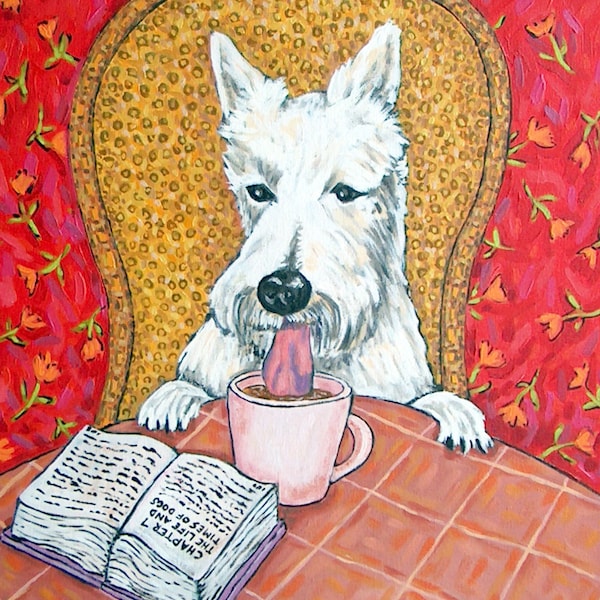 wheaten Scottish Terrier at the Coffee Shop Dog Art Print on matte or glossy paper - home decor