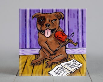 pit bull playing violin animal art artwork tile coaster gift - multiple sizes
