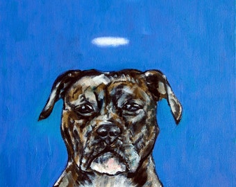 pit bull terrier with halo angel dog art PRINT - stretched canvas or matte paper print -  multple sizes