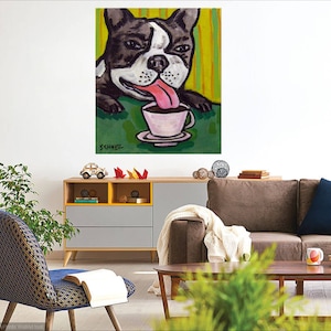 Boston Terrierat the coffee shop - dog art - print - gift - home decor - 13x19