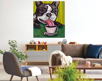 Boston Terrierat the coffee shop - dog art - print - gift - home decor - 13x19