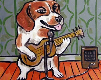 beagle playing guitar - dog art - tile coaster - gift