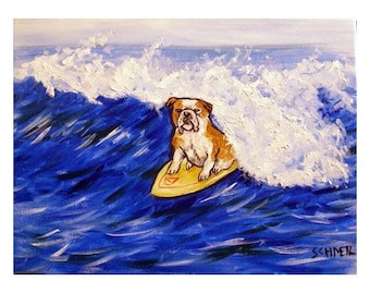 bulldog art - Bulldog art PRINT,  dog art print, surfing art, bulldog print
