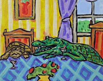turtle and alligator having wine animal art print on ready tophang gallery wrap canvas