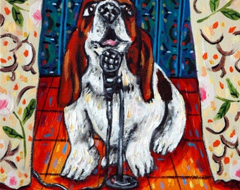 Basset hound singer dog art coaster tile by animal artist Jay Schmetz