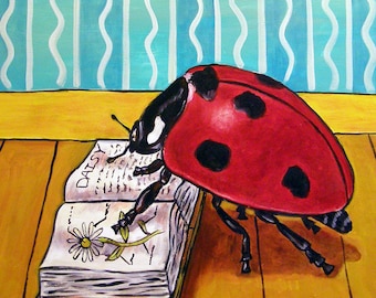 LadyBug art, ladybug coaster print, lady bug, insect coaster tile, reading insect