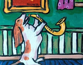 Basset Hound Playing the Saxophone Dog Art Tile Coaster Gift