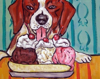 Brittany at the Ice Cream Parlor Dog art tile coaster