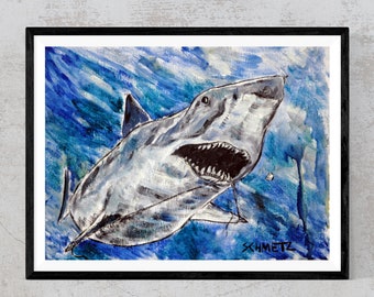 Shark art - bathroom decor - canvas print - shark print - wall art - ready to hang dentist office decor by georgia artists schmetzpetz
