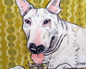 Bull Terrier Having a Glass of Water Dog art tile coaster