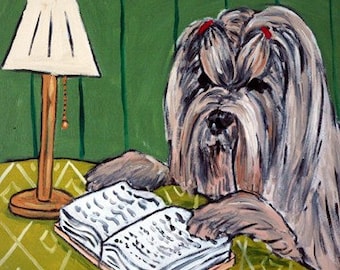 Lhasa Apso Reading Dog Art coaster tile Gift
