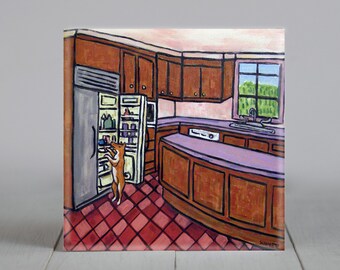 basenji in the kitchen - dog art -t ile coaster - animal lover gift
