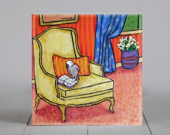 african grey reading bird art coaster tile - multiple sizes