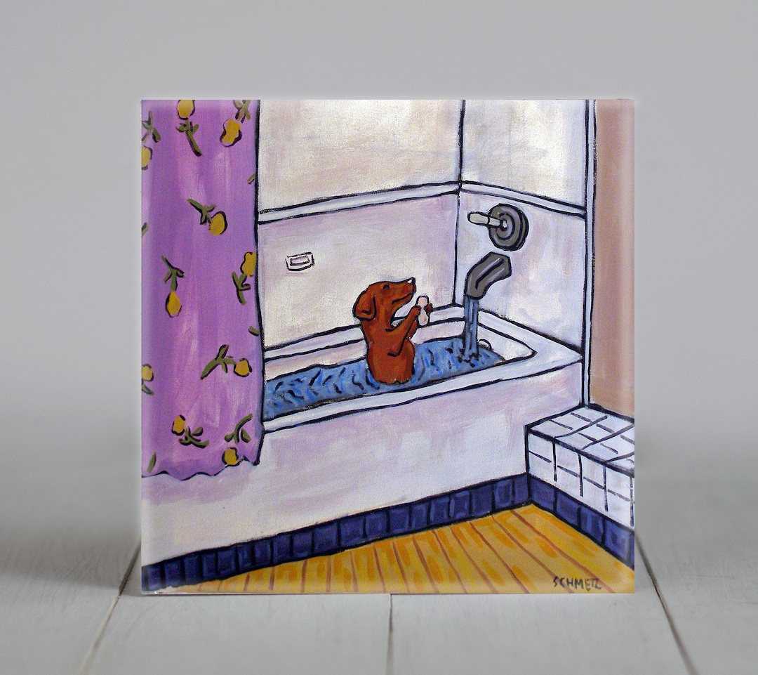 Dachshund Taking a Bath Dog Art tile Coaster Animal Lover Gift Bathroom