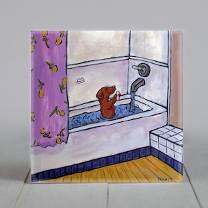 dachshund taking a bath - dog art -tile coaster - animal lover gift - bathroom decor