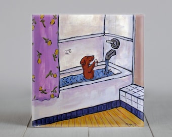 dachshund taking a bath - dog art -tile coaster - animal lover gift - bathroom decor