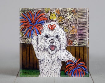 Bichon Frise Cheerleader Dog Art coaster tile gift - multiple sizes