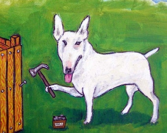 Bull Terrier Building a Fence Dog Art coaster tile