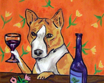 Basenji at the wine dog art print on ready to hang gallery wrapped canvas - modern home decor