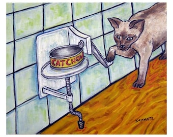 cat art - Siamese Cat Opening a Can with a Can Opener Art Print, cat gifts, gift