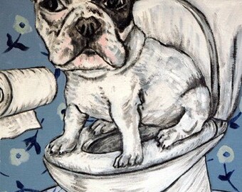 french bulldog in the bathroom - dog art - print - animal wall decor
