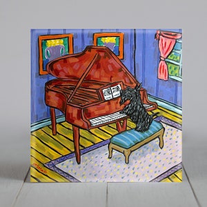 scottish terrier artwork, decorative coaster tile , square ceramic tile, dog lover gift, animal decor, scotty decor,gift for piano player,