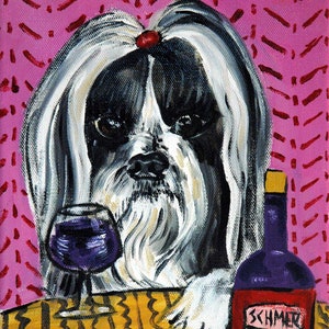shih tzu at the wine bar dog art print - streched canvas or paper print - multiple sizes available