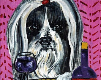 shih tzu at the wine bar dog art print - streched canvas or paper print - multiple sizes available