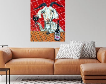 goat at the wine bar animal art print on ready to hang stretched canvas- multiple sizes available - home decor