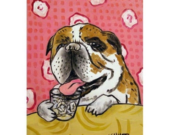 bulldog art - Bulldog Drinking a Glass of Water Dog Art Print - 13c19 - gloss or matte