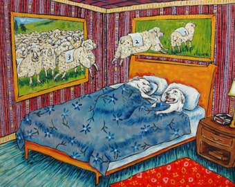 great pyrenees counting sheep dog art on ready to hang canvas print - multile sizes available