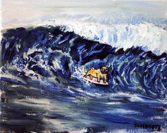 pug surfer - pug art - pug print - surfing canvas print - ready to hang animal decor