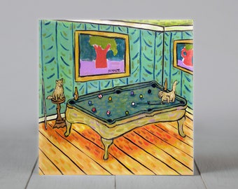 cat playing pool - art - tile coaster - animal lover gift - home decor