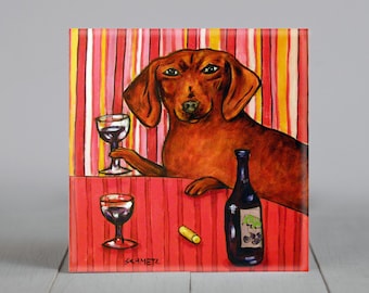 dachshund at the wine bar - dog art - coaster tile - home animal decor