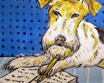 Fox Terrier Reading and Writing  Dog Art coaster tile  - multiple sizes