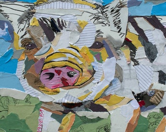 Pig collage art print on paper or canvas, animal decor