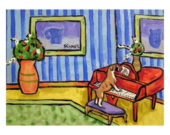 boxer dog playing piano - dog art print - 13x19 - home decor